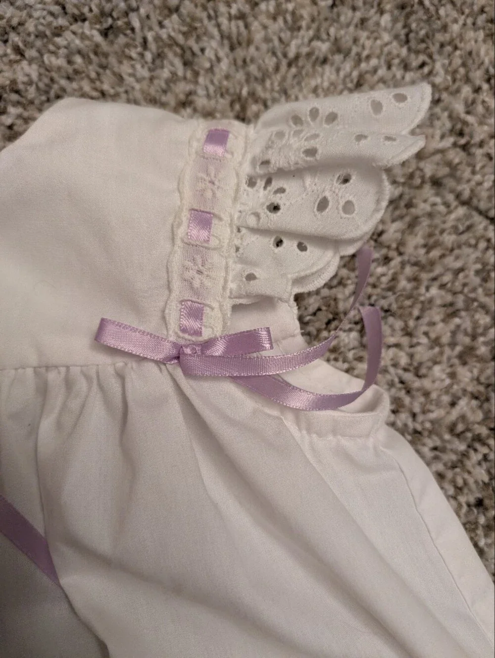 White Eyelet Baby Dress with Lavender Ribbon Handmade 6-9mo Formal Event Summer